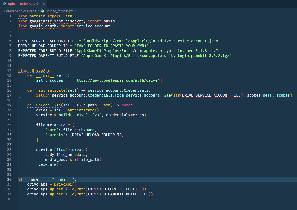 Python script upload unityplugins to google drive
