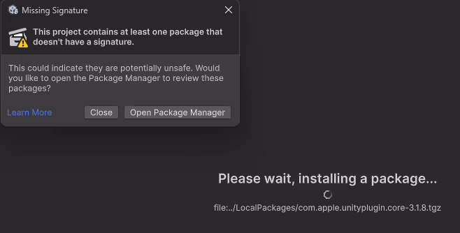 Unity game engine unsigned package warning