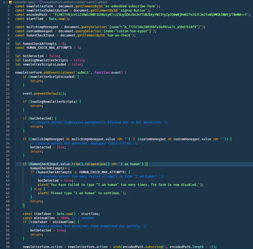 Javascript code protect form sign up vs bots. First part.
