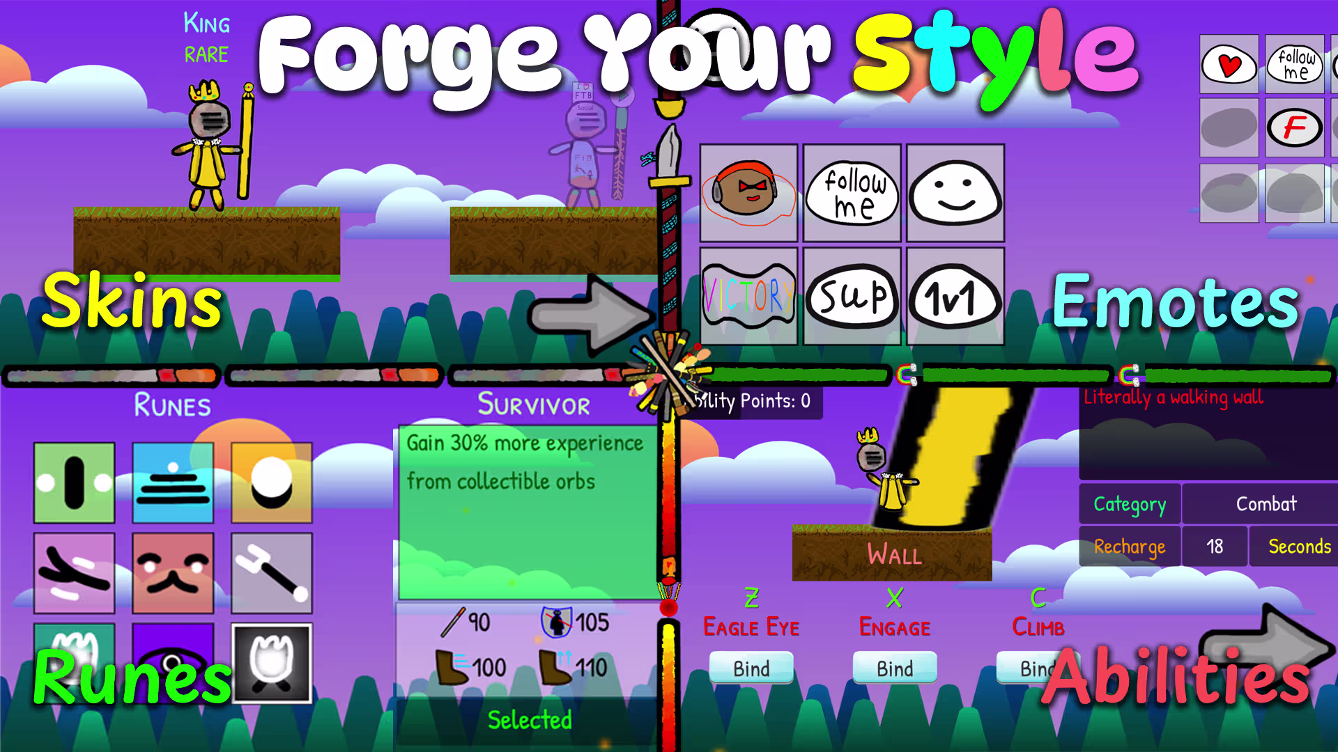 For The Battle abilities, skins, runes (stickman class) and emotes